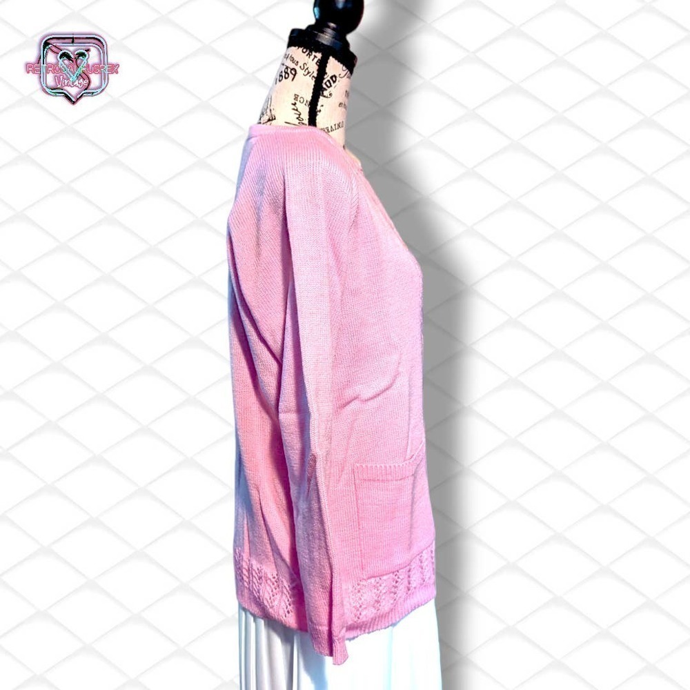 VINTAGE 1960's Barbie Pink Button Up Knit Cardigan Sweater, Large - Picture 2 of 6